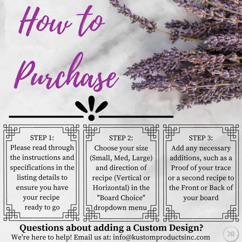 Pode incluir: Gr&aacute;fico com instru&ccedil;&otilde;es sobre como comprar um produto personalizado. O texto diz "How to Purchase" em script roxo. As etapas incluem a escolha do tamanho e a adi&ccedil;&atilde;o de detalhes. Ramos de lavanda no fundo.