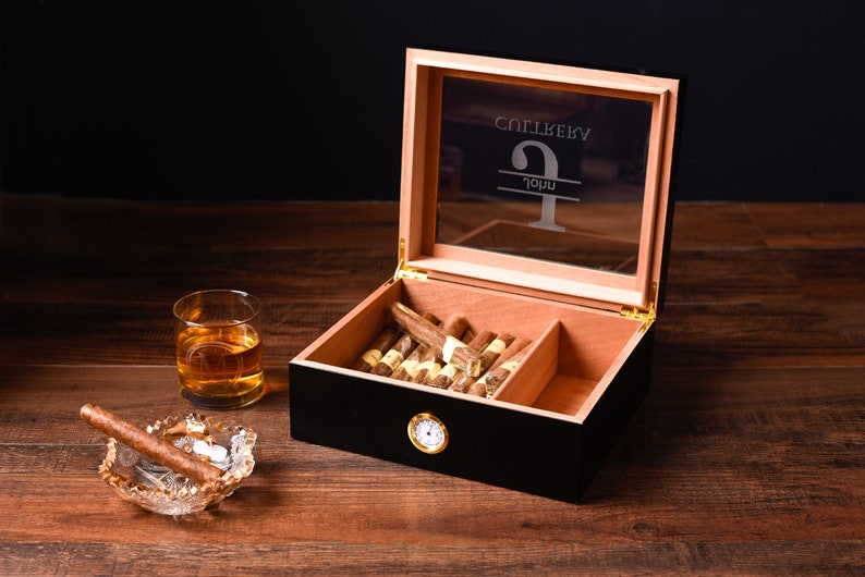 Black Humidor Bundle, Gifts for Groomsmen, Best Groomsman Gifts, Cigar Box with Ashtray, Cigar Lighter, Travel Cigar Case, Wedding Favors image 2