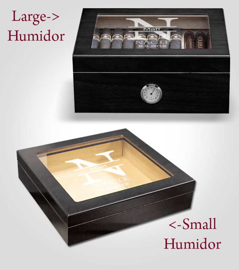 Engraved Humidor, Cigar Lighter, Personalized Cigar Humidor, Personalized Ashtray, Custom Humidor Gift Set for Him, Cigar Box Empty, Black image 2