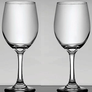 May include: Two clear wine glasses with a classic design. The glasses have a rounded bowl, a slender stem, and a flat base. The glasses are made of transparent glass and are set against a light gray background.
