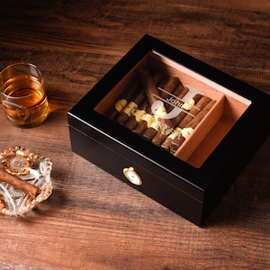 Engraved Humidor, Cigar Lighter, Personalized Cigar Humidor, Personalized Ashtray, Custom Humidor Gift Set for Him, Cigar Box Empty, Black image 6