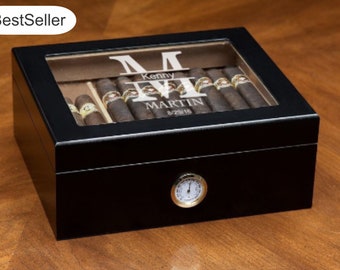 Black Humidor Engraved | Humidor Box with Cigars Accessories | Large Humidor with Hygrometer | Humidor Storage for 50 Cigars | Humidor Gift