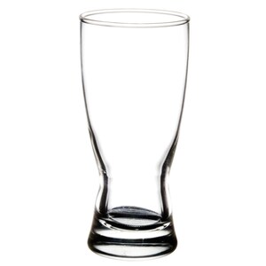May include: A clear pilsner glass, empty, with a flared top and a rounded base. The glass is transparent, allowing light to pass through. The design includes a gentle curve in the middle, adding a touch of elegance. Ideal for serving beer or other beverages.