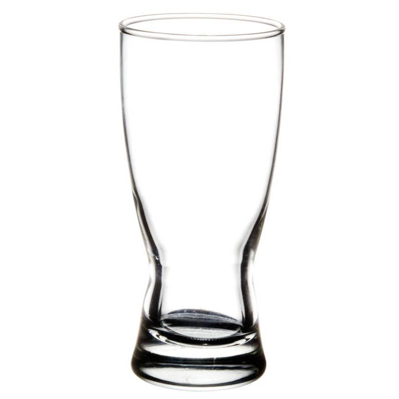 May include: A clear pilsner glass, empty, with a flared top and a rounded base. The glass is transparent, allowing light to pass through. The design includes a gentle curve in the middle, adding a touch of elegance. Ideal for serving beer or other beverages.