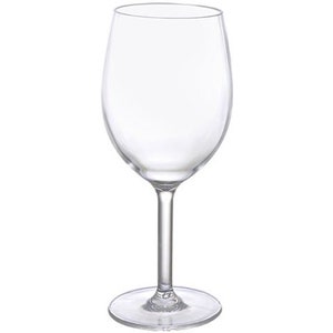 May include: A clear, stemmed wine glass with a rounded bowl and a slender stem. The glass has a wide base for stability and is designed for serving wine. The glass is made of clear glass and is suitable for various types of wine.