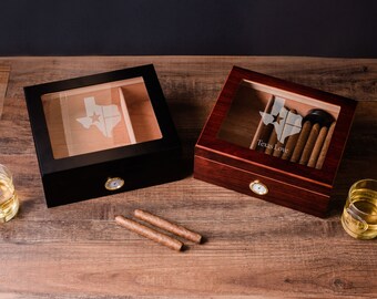 Humidor Box with Texas Flag Design, Texas Gifts for Birthday, Black Cigar Humidor, Cigar Box with Lighter, State of Texas Humidor