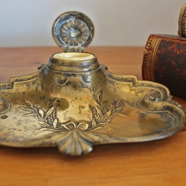 Antique Bronze Inkwell  Art Nouveau French Brass Inkwell