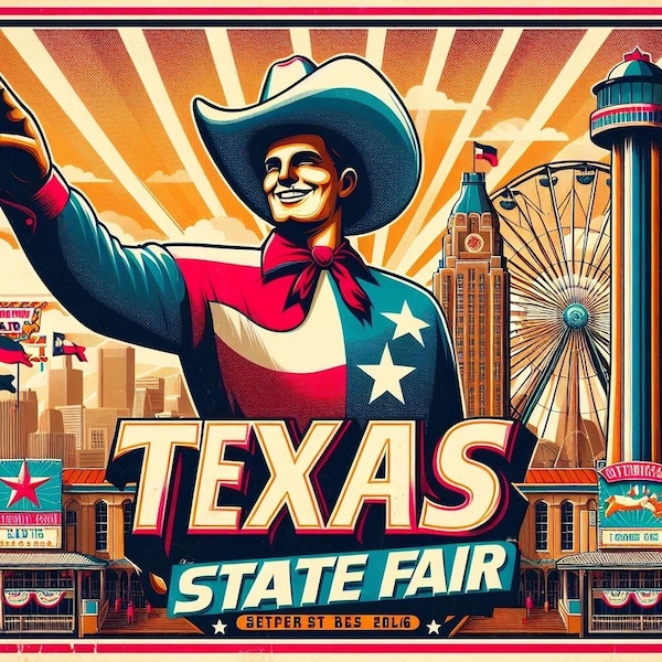 Retro art-deco Texas State Fair Big Tex digitale JPG-download