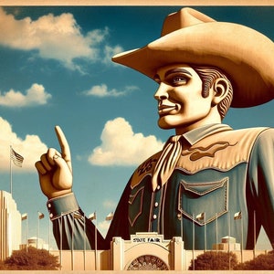 May include: A large, cartoon-style cowboy statue wearing a brown cowboy hat and a blue denim shirt with a brown vest. The statue is pointing with its right hand towards a building with the text "State Fair" above the entrance.