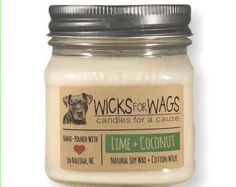 Lime + Coconut Soy Candle -Handmade 8oz Mason Jar - Scented Natural Soy Candle - Vegan ~ Donation to Animal Rescue Group Included