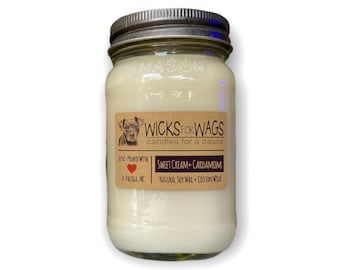 Sweet Cream + Cardamom Soy Candle | Large Mason Jar | Scented Natural Soy Candle | Vegan -|Donation to Animal Rescue Group Included