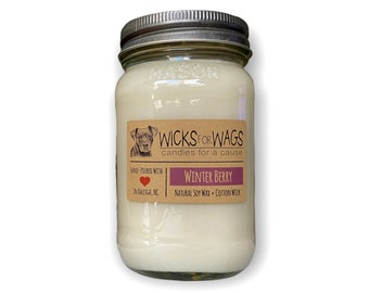 Winterberry Soy Candle | Large Mason Jar | Scented Natural Soy Candle | Vegan -|Donation to Animal Rescue Group Included