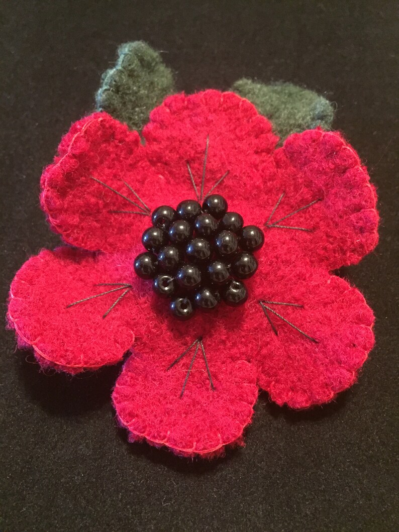 Red Felted Wool Flower with Beaded Center Brooch Pin