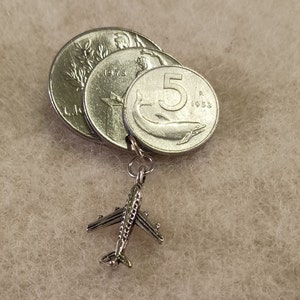 Italy Coin Brooch Pin with Airplane Charm, # 1-7