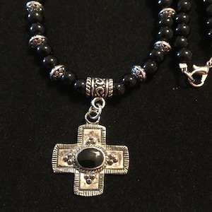 Black and Silver Beaded Necklace with Cross Pendant, Southwest Style, #165