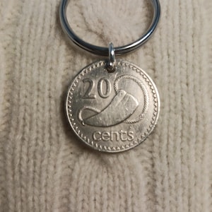 May include: A silver-colored metal keychain featuring a circular coin pendant. The coin displays the number 20, the word cents, and a curved horn-like graphic. A circular metal split ring is attached to the top of the coin via a small jump ring.