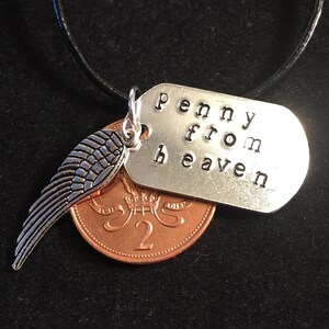 Penny From Heaven Necklace, Copper Penny from England, Hand Stamped Message Coin Necklace, #11