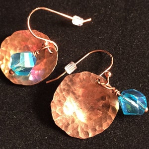 Hammered and Domed Copper Penny Earrings, Dangle Earrings with beads  #19
