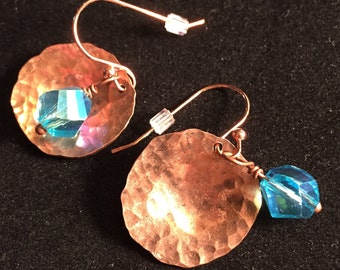 Hammered and Domed Copper Penny Earrings, Dangle Earrings with beads  #19