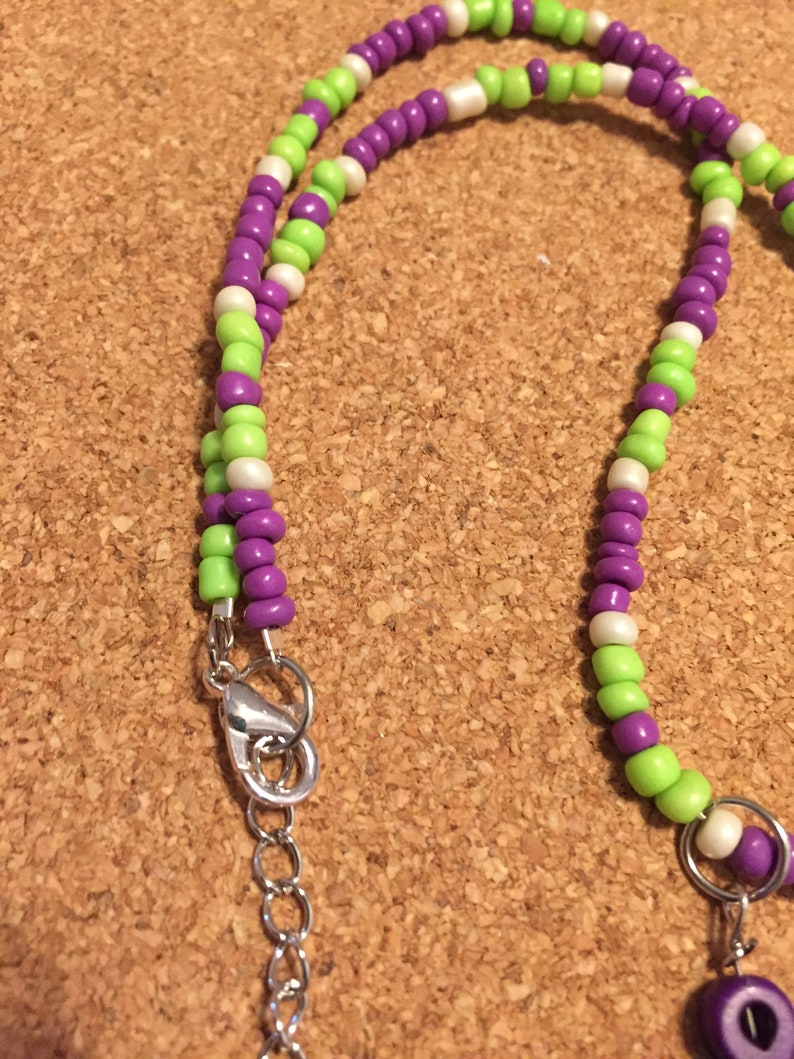 Purple and Lime Green Seed Bead Necklace with Purple Celtic Knot Pendant #222