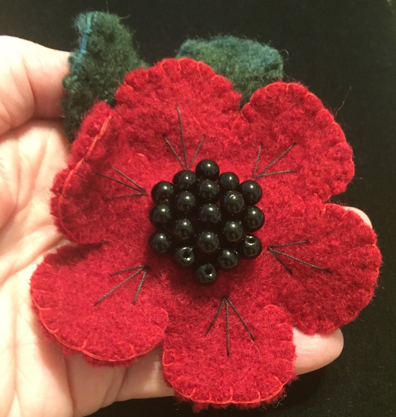 Red Felted Wool Flower with Beaded Center Brooch Pin