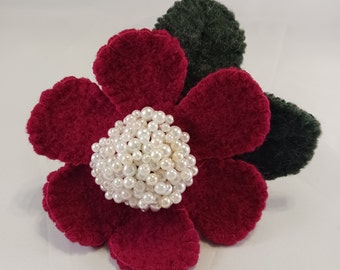Red Felted Wool Flower Brooch with Hand Beaded Center, Wool Felt Brooch, #28