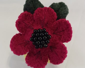 Red Felted Wool Flower Brooch with Hand Beaded Center,  Wool Felt Brooch, #29