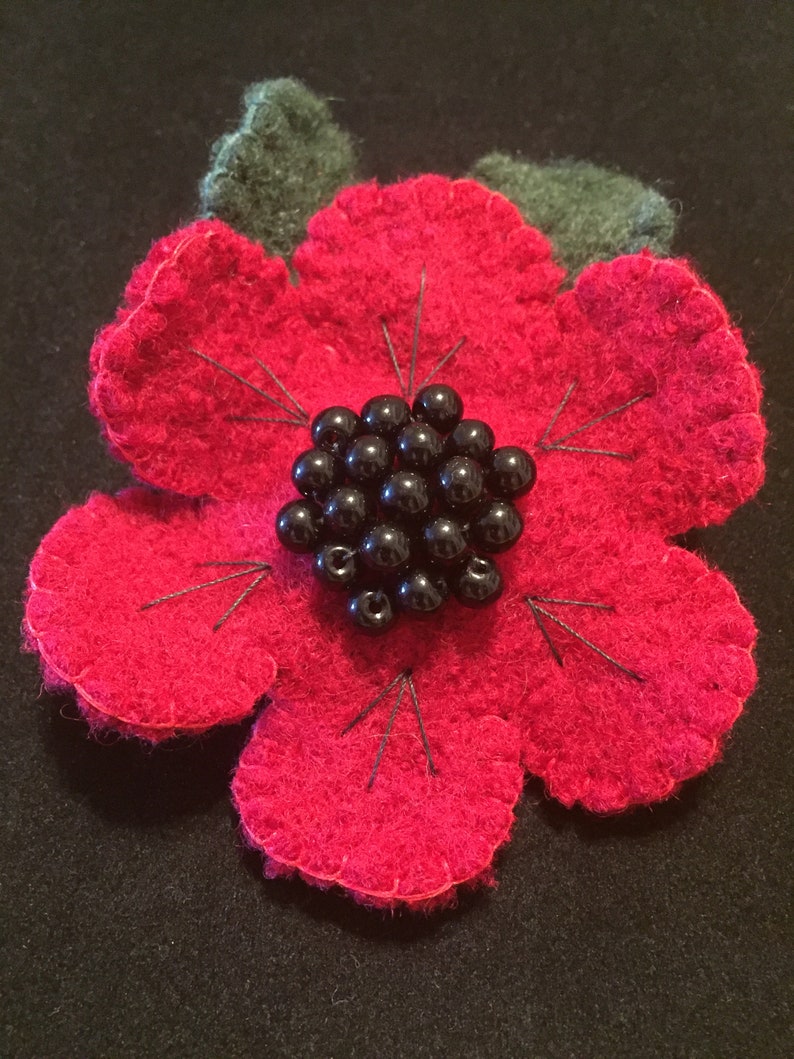 Red Felted Wool Flower with Beaded Center Brooch Pin