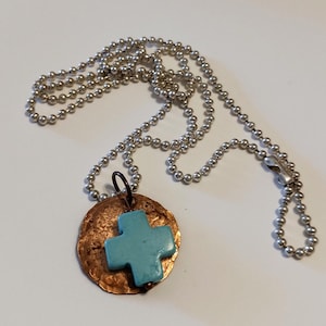 Copper Penny with a Turquoise Cross Dangle Necklace, Pendant Necklace, Southwest Necklace #3