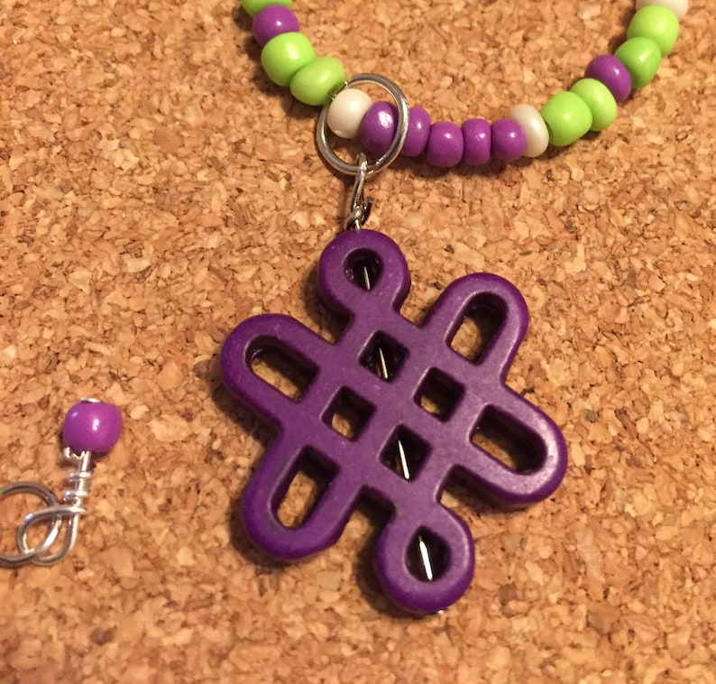 Purple and Lime Green Seed Bead Necklace with Purple Celtic Knot Pendant #222