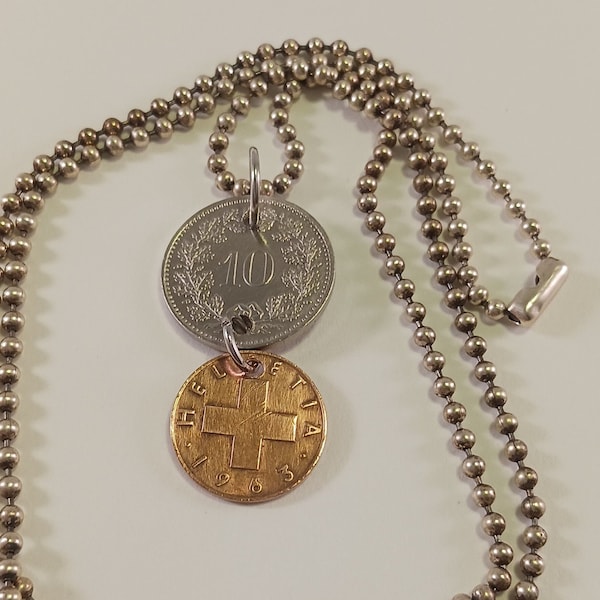 Switzerland Coin Necklace, Two Coin Dangle, Pendant Necklace, Years 1963 and 1982