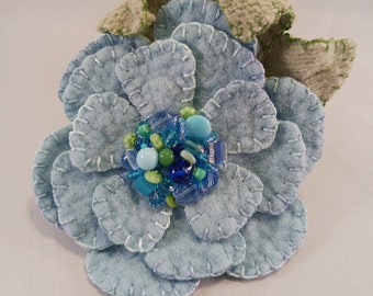 Light Blue Felted Wool Flower with Beaded Center Brooch, Wool Felt Brooch, # 27