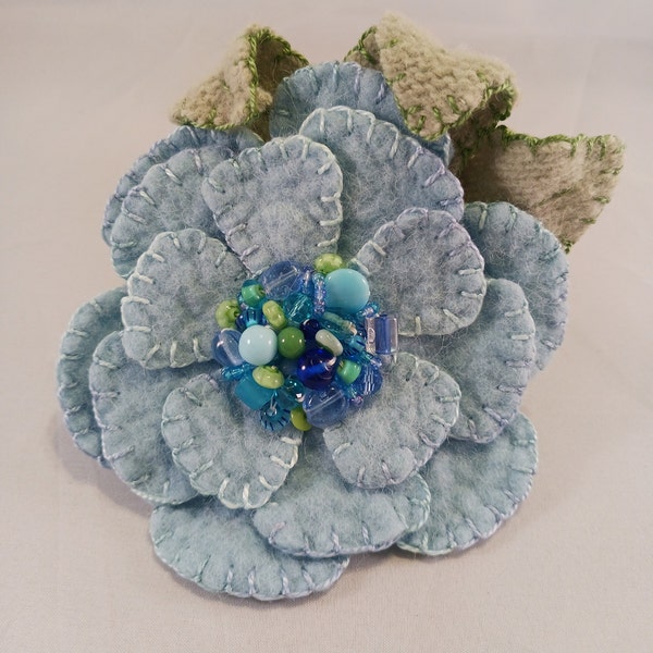 Light Blue Felted Wool Flower with Beaded Center Brooch, Wool Felt Brooch, # 27