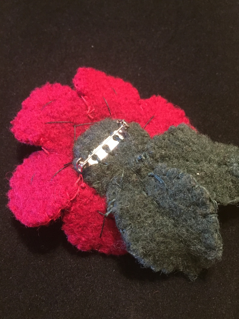Red Felted Wool Flower with Beaded Center Brooch Pin