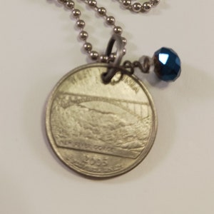 West Virginia State Quarter Pendant, United States Coin, Pendant Necklace, Year 2005, # 64