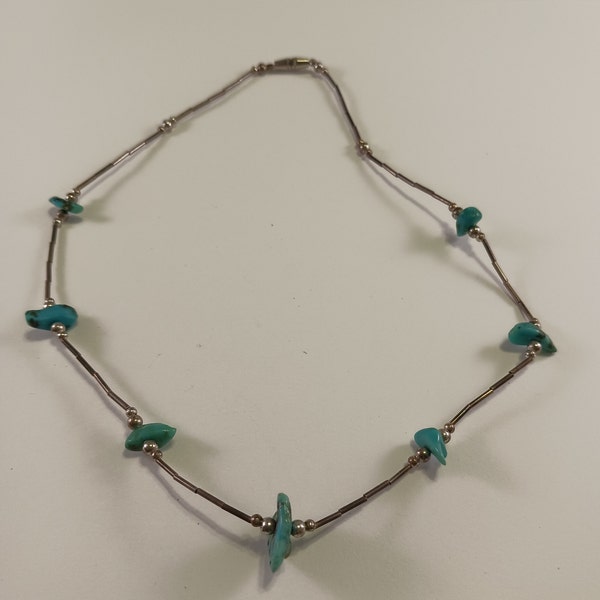 Vintage Silver and Turquoise Necklace, Late 1960's, Southwest Hippie Style, # 343