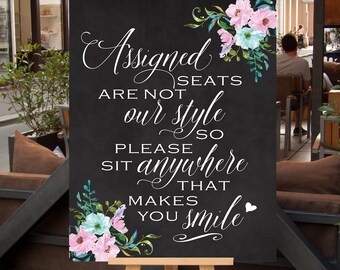 11x14 Printable Wedding seating sign, No Assigned seating, Open seating, Sit anywhere, seating chart, No seating plan, Instant Download