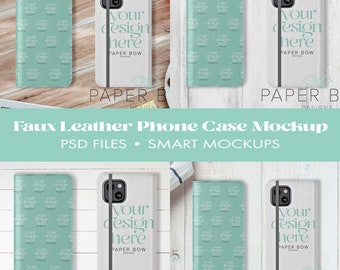 Faux Leather Wallet Phone Case Mockup Bundle, x4 Smart Object, Photoshop File, PSD Mockup, Editable Mock-up
