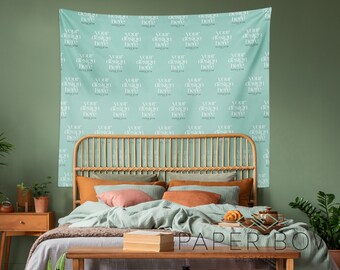 Bedroom Tapestry Mockup, Boho Green Bedroom Smart Object Mock up, Photoshop File, PSD Mock-up, Tapestry Seller