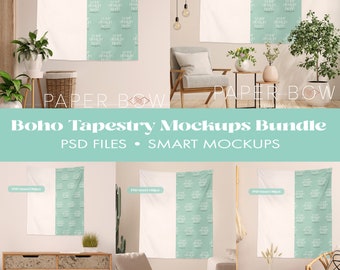 Boho 50x60 Portrait Tapestry Mockup Bundle, x5 Scenes, Photoshop Files, PSD Lifestyle Mock up, Smart Object Editable Mock-ups