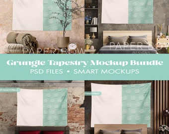 Grunge Tapestry Mockup Bundle, x5 Scenes, Photoshop Files, PSD Lifestyle Mock up, Smart Object Editable Mock-ups For Tapestry Seller