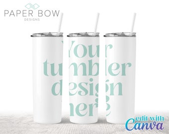 Skinny Tumbler Mockup, 20oz White Straw Tumbler Mockup, Edit in Canva, Editable Tumbler Mock up