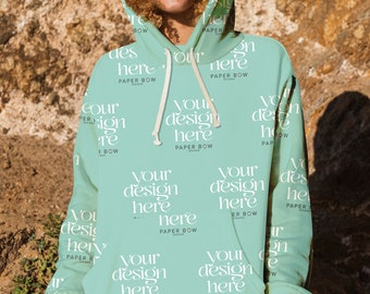 Trendy AOP Hoodie Mockup Smart Object, Print on Demand Seller, Easy All Over Print Hooded Sweatshirt Mock-up Hoodie Designs