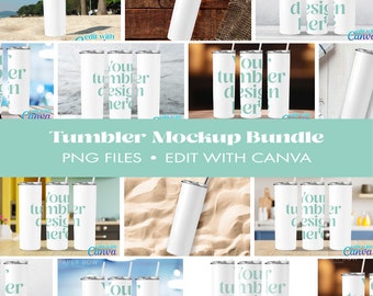 Skinny Tumbler Mockup Bundle, White straw tumbler Canva Editable PNG Mock ups, For online store, Easy to Edit