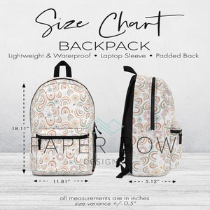 Tabla de tallas de mochila, vendedor de impresión bajo demanda, descarga digital instantánea, información de listado de productos con ranura para fotos para mochila AOP
