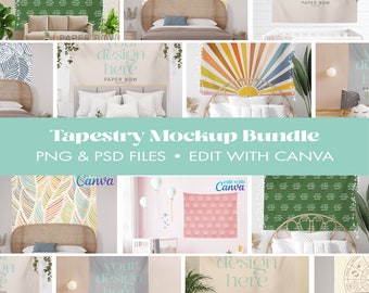 Boho Tapestry Mockup Bundle, 15+ Scenes, PNG Files, PSD Mockup, Photoshop and Canva Editable Mock-ups For online store