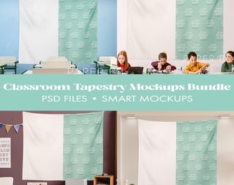 Classroom Tapestry Mockup Bundle, x4 Scenes, Photoshop Files, PSD Class Mock up, Smart Object Editable Mock-ups For online store