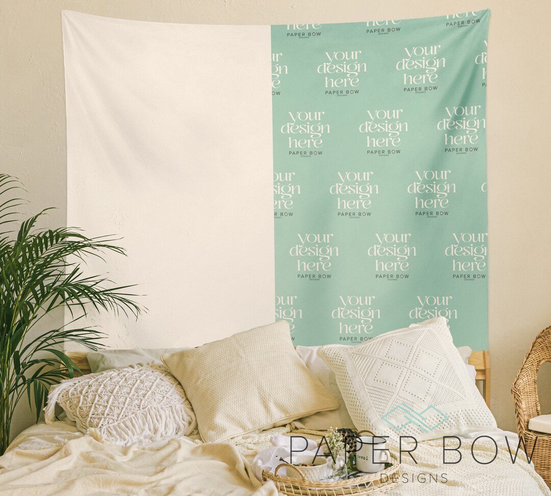 Boho Bedroom Tapestry Mockup, Print on Demand Wall Art Mock Up, Canva Editable Tapestries Mock