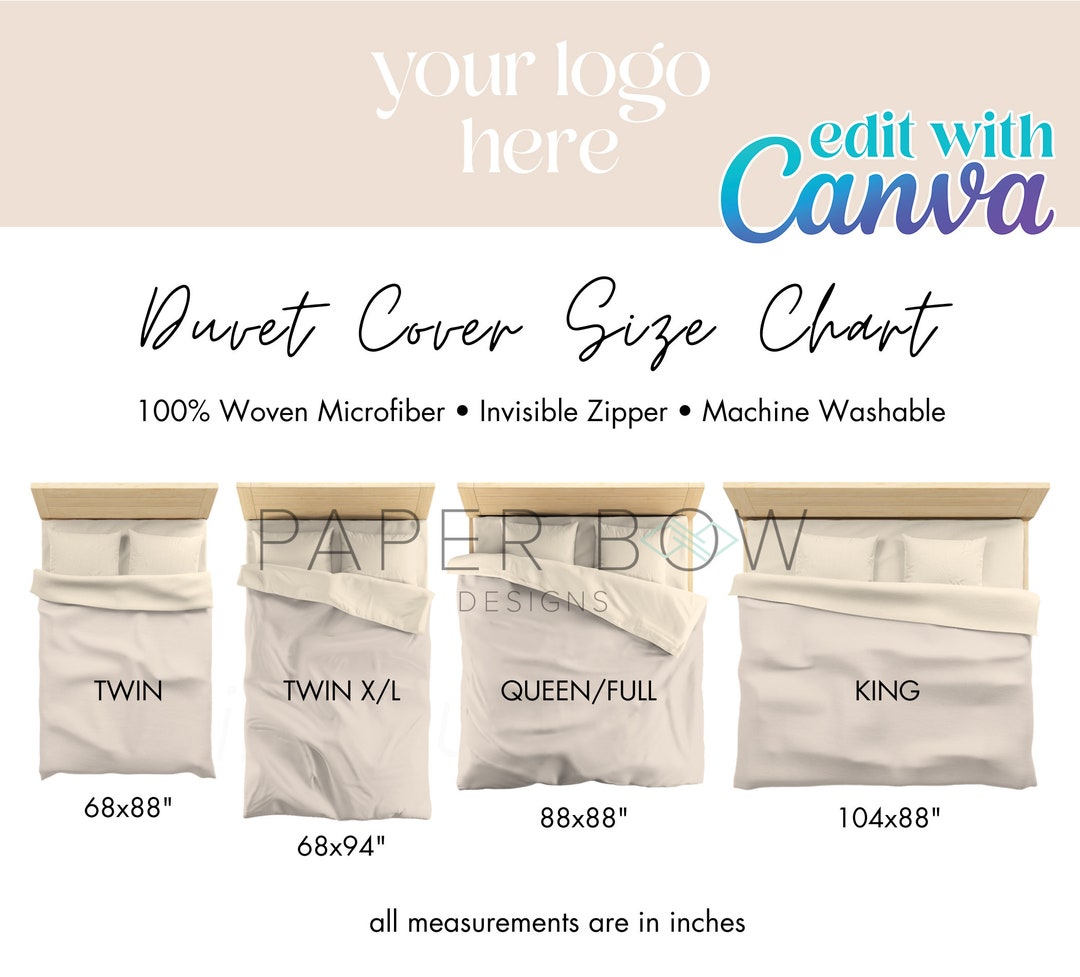 Duvet Cover Size Chart, Comforter Size Chart, Canva Template, Quilt