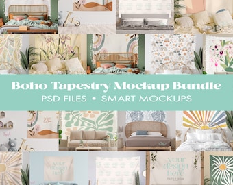 Boho Tapestry Mockup Bundle, 15+ Scenes, Photoshop Files, PSD Lifestyle Mock up, Smart Object Editable Mock-ups For online store